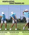 Golf Swing Trainer And Analyzer, Adjustable Swing Aid For Coordination, Tempo, And Power, demonstrating swing phases on a field