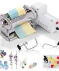 Pro Electric Polymer Clay Press Machine With 9 Thickness Settings And Dual Manual Or Power Modes, showing colorful clay and tool accessories.