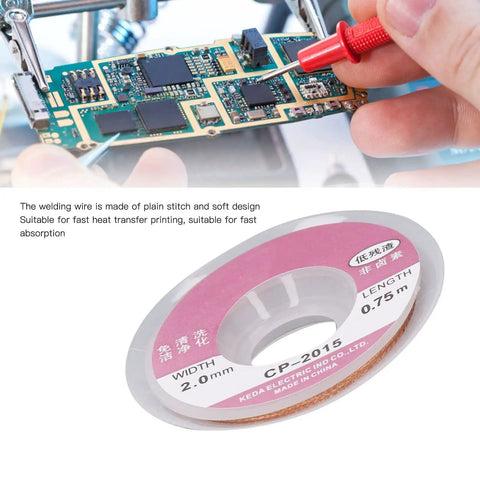 Close-up of a 5 Pack High Performance Solder Wick Braid Premium Red Copper Desoldering Wire For Electronics Repair near a circuit board.