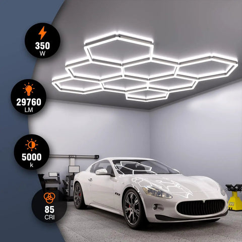 Eight Hexagon Garage Light With 350W 5000K Daylight LED installed on garage ceiling, illuminating a white car below.