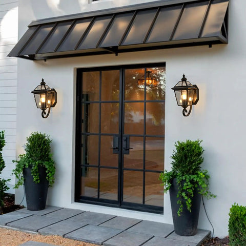 Copper Outdoor Wall Light Fixture 13.7 Inch Exterior Porch Light In Oil Rubbed Bronze Finish flanking double glass doors