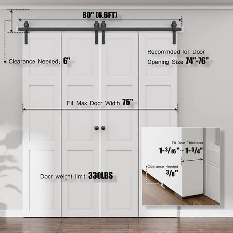 Heavy Duty Bi Folding Sliding Barn Door Hardware Kit With 6.6 Foot Track System For Up To 19 Inches Wide Four Door Openings
