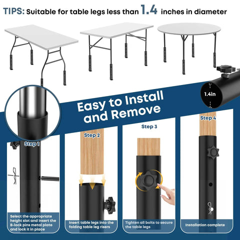 Premium Heavy Duty Folding Table Leg Extenders Six Adjustable Height Risers instructions for setup and installation.