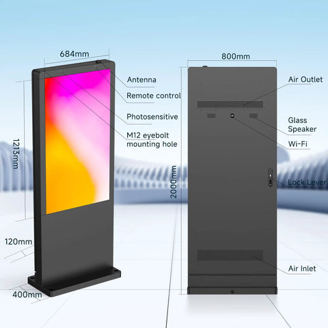 High Octane Outdoor Floor Standing Digital Signage Display features dimensions with shatter resistant glass and WiFi ports.