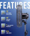 Side view of High Velocity 20 Inch Oscillating Pedestal Fan For Industrial Use 3 Speed One Sixth HP with feature highlights
