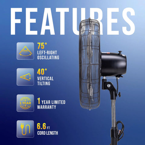 Side view of High Velocity 20 Inch Oscillating Pedestal Fan For Industrial Use 3 Speed One Sixth HP with feature highlights