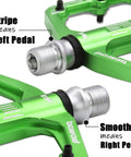 Close-up of Grippy BMX MTB Pedals Fit 9 By 16 Inch Crank Lightweight Aluminum Mountain Bike Pedals, left and right labels.
