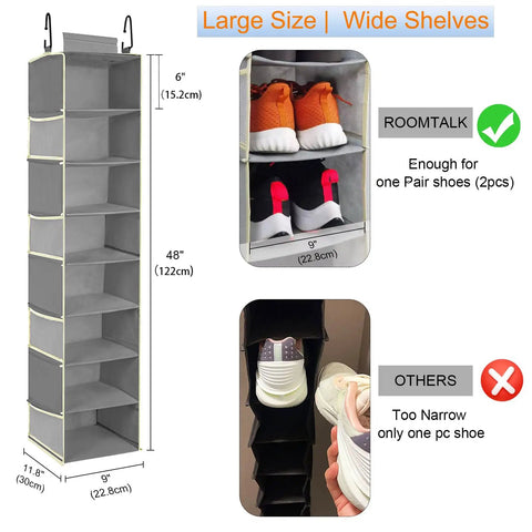 Ultimate 8 Shelf Hanging Shoe Organizer For Closets With Extra Wide Shelves No More Closet Clutter Holds Shoes Boots Sneakers And Clothes Durable Grey 9W 11.8D 48H Hanging Storage Rack with visible dimensions and shelving details.