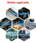 Hexagonal images of industries like stationery, camera, toy, processing, electrical, electronics, and furniture with text 'Widely applicable'.