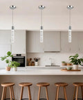 3 Pack Modern Pendant Lights For Kitchen Island With Glittering Crystal Bubbles, 6500K Daylight Brushed Nickel Hanging Fixtures, Integrated LED Ceiling Lamps To Level Up Your Dining Room Or Bedroom Vibes in a modern kitchen.