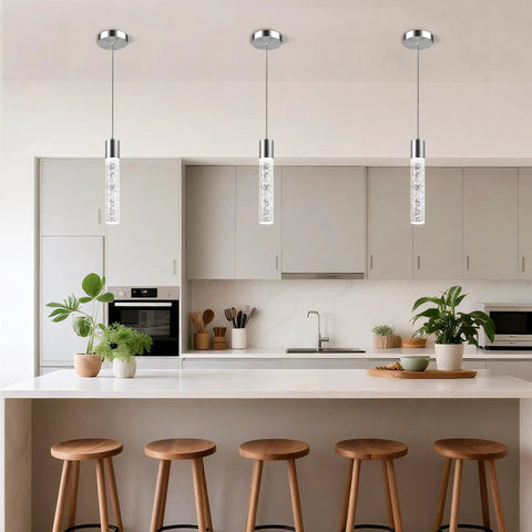 3 Pack Modern Pendant Lights For Kitchen Island With Glittering Crystal Bubbles, 6500K Daylight Brushed Nickel Hanging Fixtures, Integrated LED Ceiling Lamps To Level Up Your Dining Room Or Bedroom Vibes in a modern kitchen.