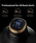 Resiners Resin Bubble Remover Airless Pro, black body with gold trim and blue digital display (front view)