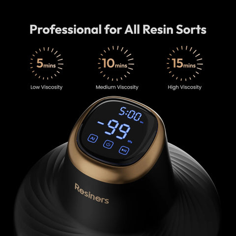 Resiners Resin Bubble Remover Airless Pro, black body with gold trim and blue digital display (front view)