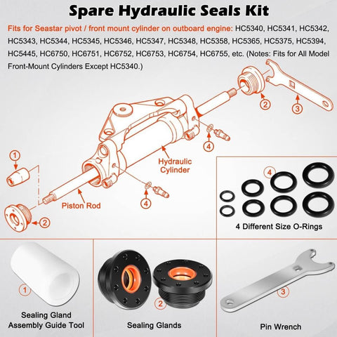 Front Mount Hydraulic Steering Cylinder Seals Kit With Pin Wrench HS5157 For Seastar HC5345 shown with components