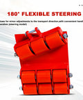 Tough As Nails Heavy Duty Machinery Mover Dolly Featuring 360 Degree Rotating Steel Casters For Moving Industrial Equipment Weighing Up To 12000 Pounds Like A Champ, showcasing 180° flexible steering and vibrant orange wheels.