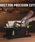 Six Inch Benchtop Jointer With 15 Amp Motor And 12000 Rpm For Slick Cuts Adjustable Fence Up To One Eighth Inch Depth Hss Blades in use.