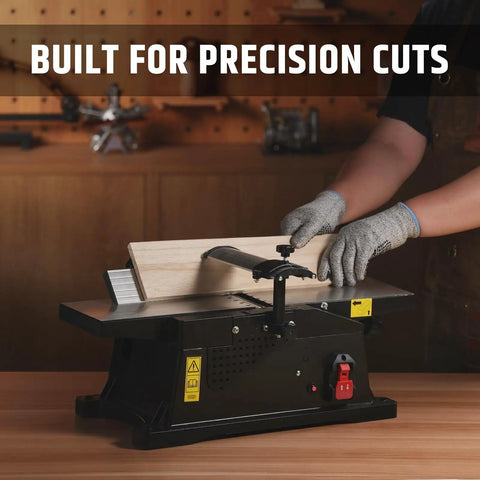 Six Inch Benchtop Jointer With 15 Amp Motor And 12000 Rpm For Slick Cuts Adjustable Fence Up To One Eighth Inch Depth Hss Blades in use.