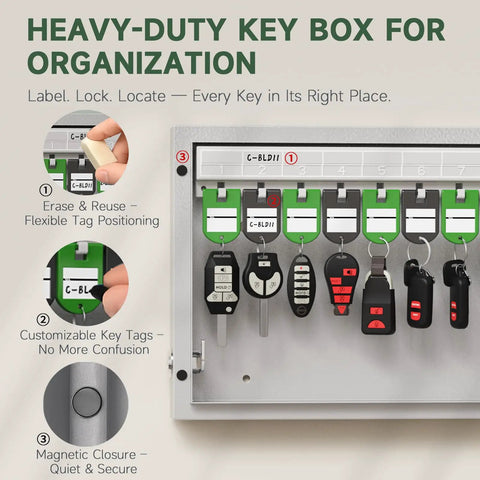 48 Key Lock Box Wall Mount Smart Key Cabinet With Bluetooth And Wi Fi Remote Access And One Time Code, keys organized on hooks