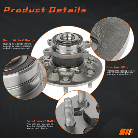 Front Wheel Hub And Bearing Assembly For Chevy Colorado 2009 To 2012 And GMC Canyon 2009 To 2012 2WD Front Left And Right, 6 Lug, ABS, 515120 Replacement, Direct Fit, Ready To Install, Premium Grade showing product details with seal design and alloy description.