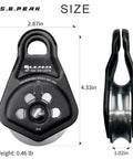 Heavy Duty Rescue Pulley With Swing Plate For Zipline And Climbing, 30kN upgrade, 360 degree swivel, fits 13 mm rope, side and front view