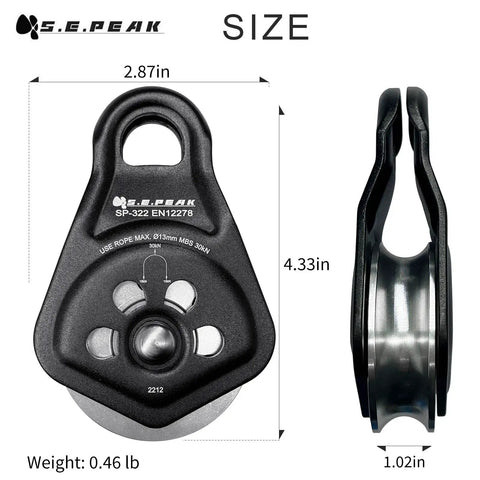 Heavy Duty Rescue Pulley With Swing Plate For Zipline And Climbing, 30kN upgrade, 360 degree swivel, fits 13 mm rope, side and front view