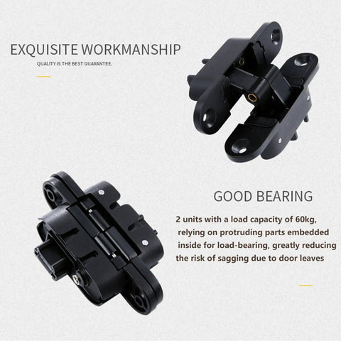 180 Degree Swing Concealed Hinges for Wood Doors and Folding Doors, Heavy-Duty 60Kg Capacity, showed in black metal.