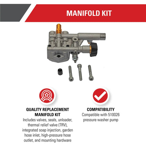 Manifold Replacement Kit For OEM Technologies Axial Cam Pressure Washer Pump Pro Grade Replacement Part, silver aluminum with components.