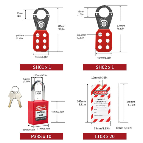 Diagram of components in Lockout Tagout Station Kit With Lockable Cover For Wall Mount Storage Includes 5 Safety Padlocks 2 Hasps 20 Lockout Tags 20 Nylon Ties 1 Pen OSHA Compliant, showing dimensions and count.