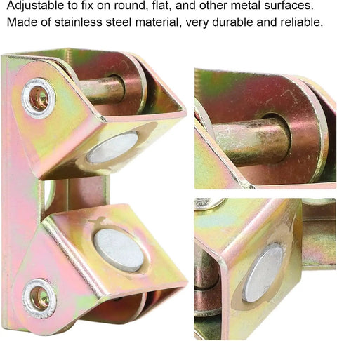 Six Pack Magnetic Welding Clamps With V-Shape Stainless Steel Fixture Set For Precise Adjustable Grip On Flat And Round Surfaces To Securely Hold Metal Pieces During Any Pro Welding Job Like A Champ, close-up showing adjustable stainless steel design.