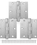 Heavy Duty Square Door Hinges 3.5 By 3.5 Inch Set Of Three Ball Bearing Rust Proof Stainless Steel Brushed Nickel Finish with screws.