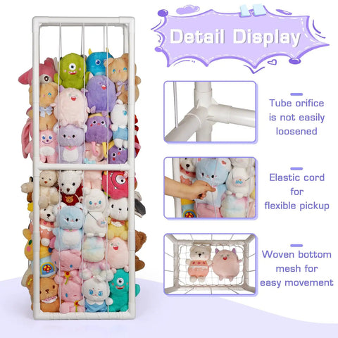 Stuffed Animal Storage Zoo Holder Space Saving Vertical PVC Toy Organizer With Elastic Net And Band showcasing stuffed toys in white cage with extra large capacity