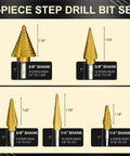 5-piece step drill bit set for metal; titanium-coated HSS bits with 3/8 inch and 1/4 inch shanks, sizes 1/16 to 1-3/8 inch.