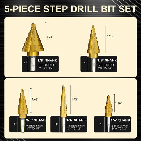5-piece step drill bit set for metal; titanium-coated HSS bits with 3/8 inch and 1/4 inch shanks, sizes 1/16 to 1-3/8 inch.
