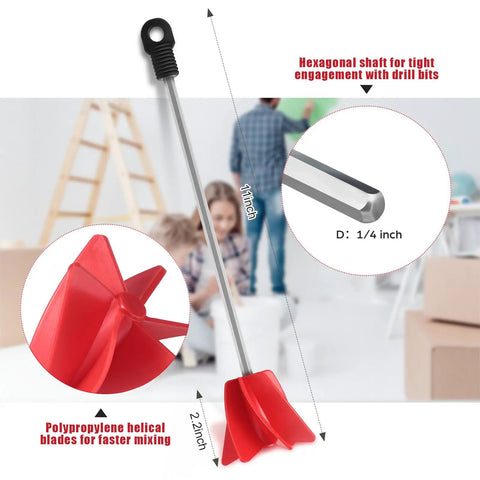 Three Pack 11 Inch Helix Paint Stirrer For Drill Easy Epoxy Concrete Resin And Paint Mixer Attachment Silicone Paddle Stirrer Works With Most Drills For All DIY Projects shown with dimensions and features