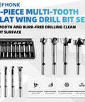 Premium Alloy Steel Heavy Duty Forstner Bit Set featuring eight precision heat treated round shank hole cutters for hardwood softwood and plywood projects.