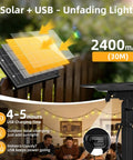 Illustration showing solar panel and USB, part of 100Ft Solar String Lights Outdoor Waterproof G40 Shatterproof Bulbs, Patio Deck Garden Yard.