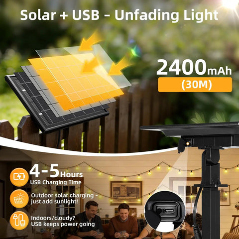 Illustration showing solar panel and USB, part of 100Ft Solar String Lights Outdoor Waterproof G40 Shatterproof Bulbs, Patio Deck Garden Yard.
