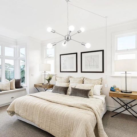 Bedroom featuring Six Light Brushed Nickel Sputnik Ceiling Fixture Semi Flush Mount Chandelier Mid Century Modern