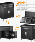 Rollin Tool Chest With Wheels And Eight Drawers, Detachable Top Box And Bottom Cabinet With Locking Mechanism, Heavy Duty Steel Toolbox For Garage, Workshop, And Warehouse, Black Liner Included, High Capacity, black 2-in-1 rolling tool chest with wheels