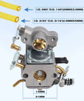 Carburetor Rebuild Kit For Poulan Pro Chainsaws And Craftsman 35cc 42cc Models Easy Install Complete Kit With Gaskets Fuel Line Filter Primer Bulb Spark Plug Adjustment Tool Walbro WT Compatible image showing carburetor with dimensions and yellow fuel lines.