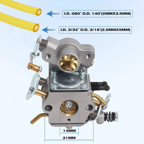 Carburetor Rebuild Kit For Poulan Pro Chainsaws And Craftsman 35cc 42cc Models Easy Install Complete Kit With Gaskets Fuel Line Filter Primer Bulb Spark Plug Adjustment Tool Walbro WT Compatible image showing carburetor with dimensions and yellow fuel lines.