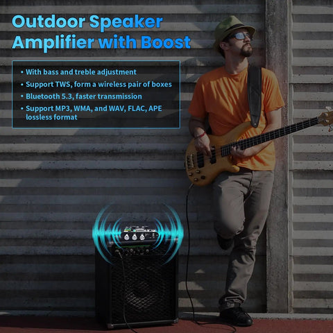 Person playing guitar next to a speaker with Bluetooth 5.3 Mono Amplifier Board With TWS Boost For Home And Outdoor DIY Speaker Builds, 100W Output.