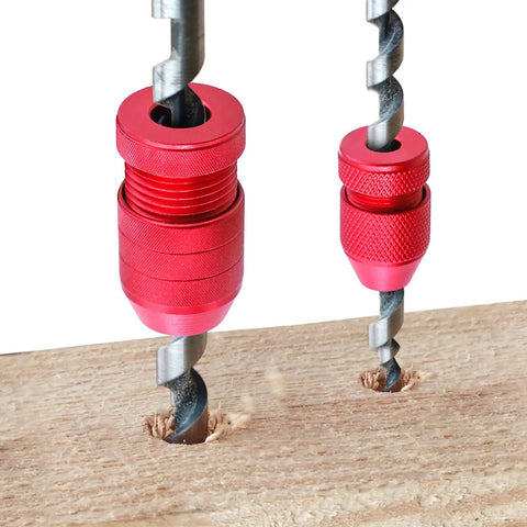 Adjustable Drill Depth Stop Collar Set For Drill Bits, Aluminum Ring Fits 5/64 to 3/16 Inch and 15/64 to 7/16 Inch, shown on drill bits.