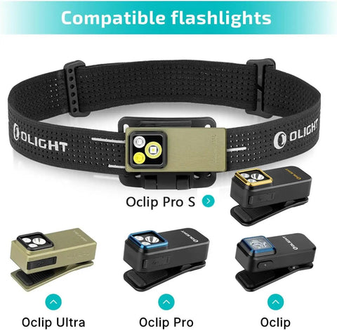 Oclip Series Headlamp Strap With 160 Degree Rotatable Light Holder for Oclip Pro S shown with compatible flashlights