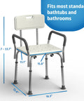 Heavy Duty Shower Chair With Padded Armrests And Back For Inside Shower Comfort And Safety Slip Resistant Bathtub Seat With Adjustable Height And Built To Last Support Up To 350 Lbs Capacity, dimensions shown.