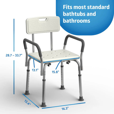 Heavy Duty Shower Chair With Padded Armrests And Back For Inside Shower Comfort And Safety Slip Resistant Bathtub Seat With Adjustable Height And Built To Last Support Up To 350 Lbs Capacity, dimensions shown.