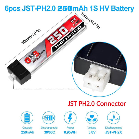 6 Pack 250mAh 1S LiPo Battery 3.8V LiHV 30C To 60C With JST PH Connector Micro Drone Power For Tinyhawk And Mobula7