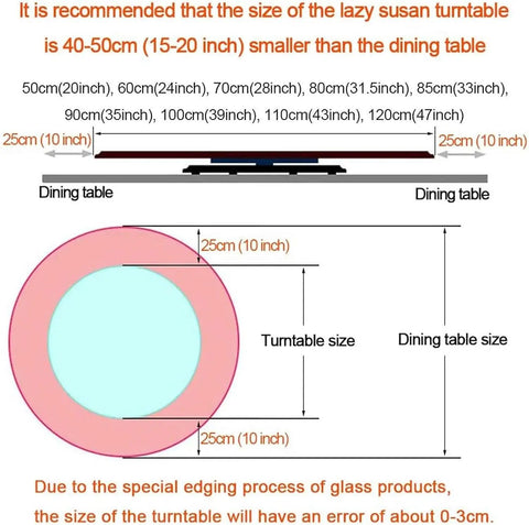 Diagram showing the recommended size difference between the Party Ready Tempered Glass Lazy Susan Turntable 110cm and dining table.