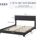 Queen Size Faux Leather Bed Frame With Adjustable Headboard In Sleek Black dimensions and weight capacity image.