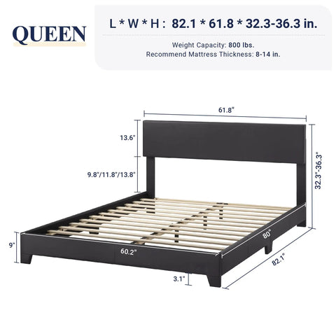 Queen Size Faux Leather Bed Frame With Adjustable Headboard In Sleek Black dimensions and weight capacity image.
